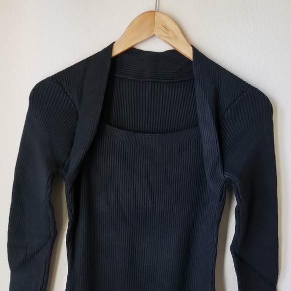 Square Neck Long Sleeve Ribbed Knit Side Slit Midi Dress - Picture 8 of 13